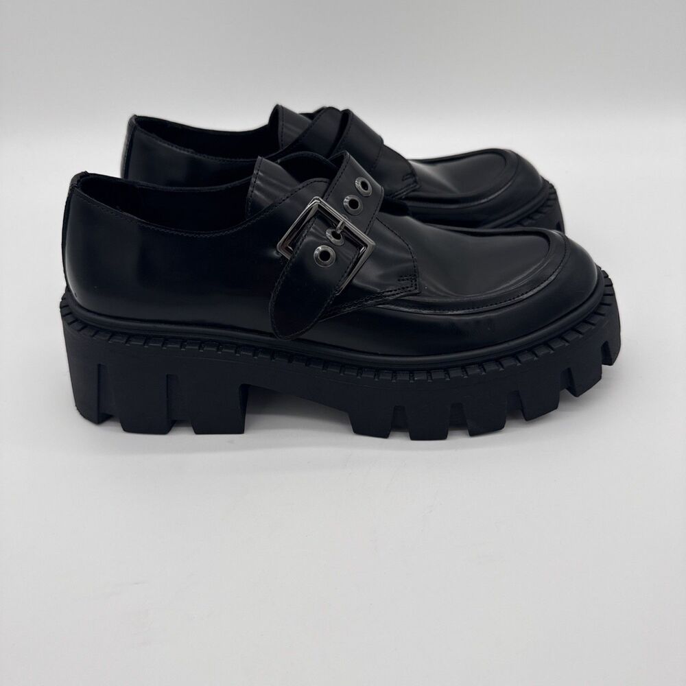Steve Madden Henna Platform Loafers Size 39 Black Leather Chunky Lug Sole Buckle